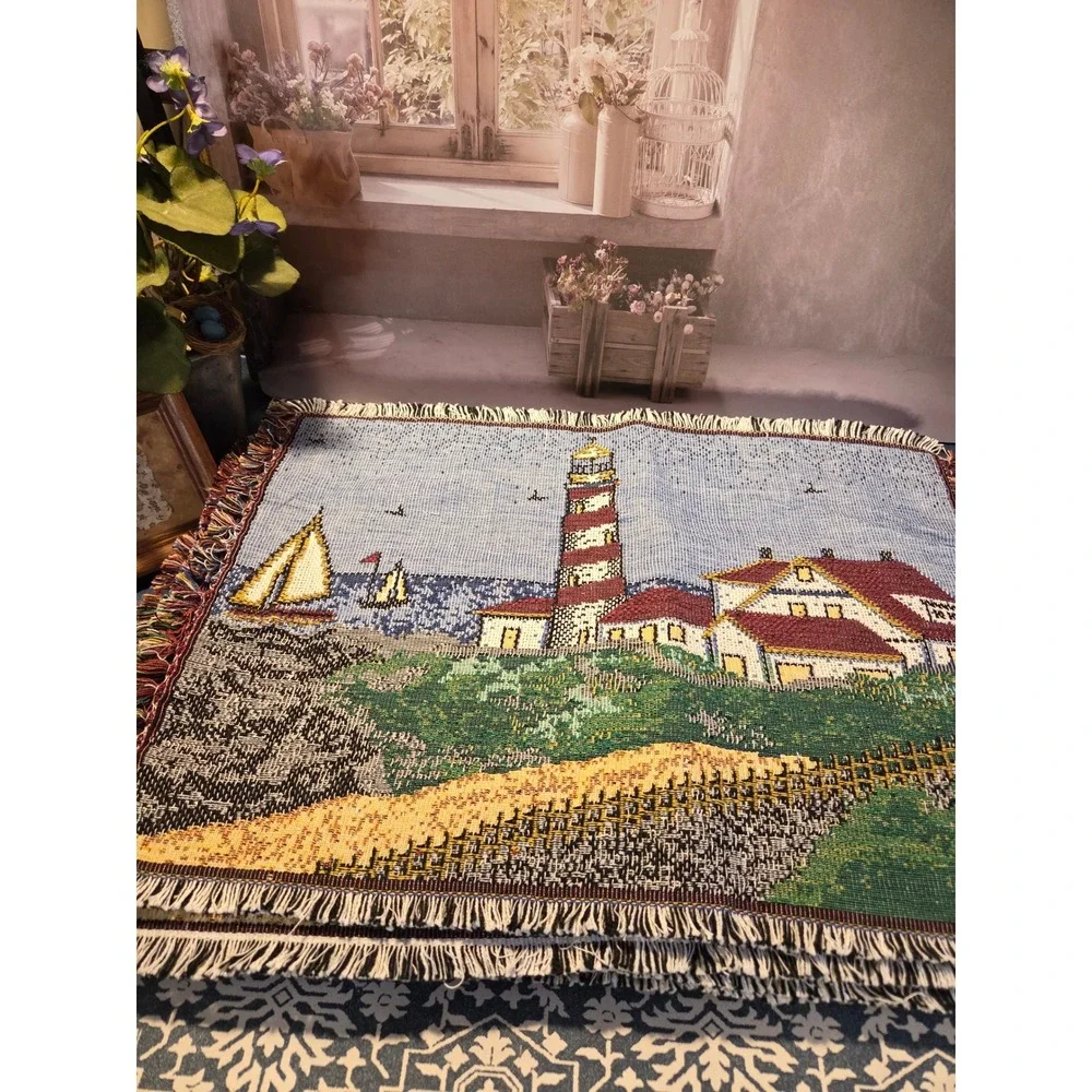 😎Vintage Nautical Woven Tapestry Placemats Set of 6 Lighthouse Sailboat Coastal